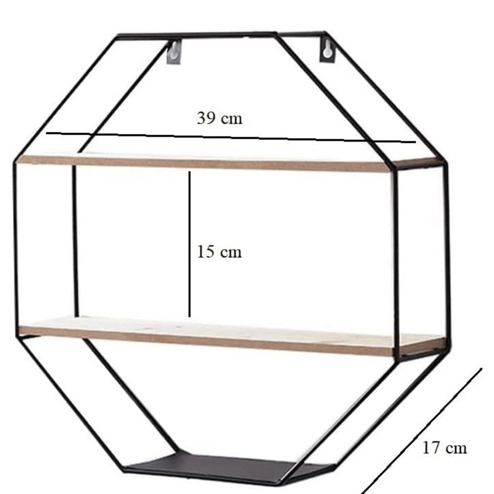 Trade Shop - Mensola Da Parete Ottagonale In Ferro Legno Sospesa Con 2 Ripiani Design Industriale -