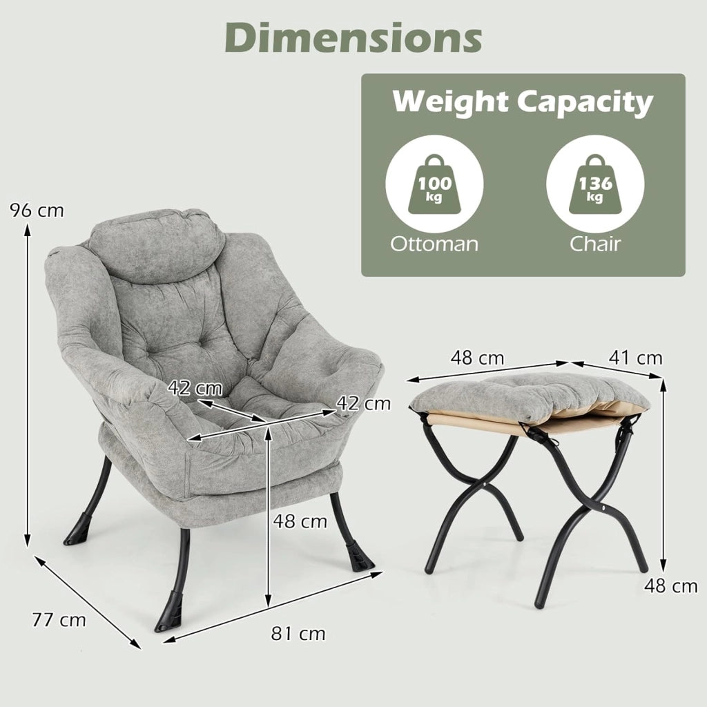 Poltrona per orecchie con sgabello, poltrona relax con braccioli e tasca laterale, per soggiorno, camera da letto e balcone, portata fino a 136 kg
