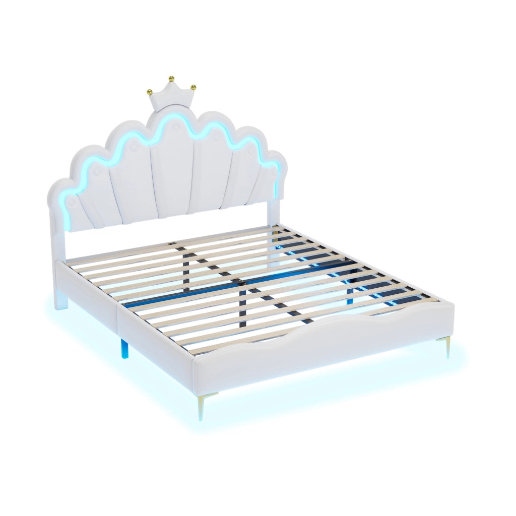 Letto matrimoniale 140x200 cm; testiera a nuvola con corona e LED; PU e MDF; bianco