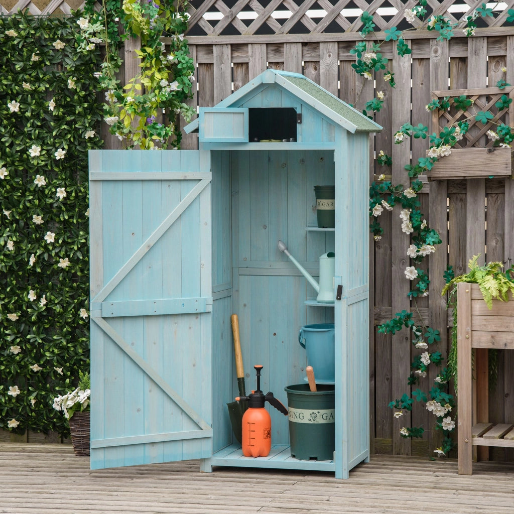 Armadio da giardino ¨C zephmum ¨C 3 ripiani, 2 ante, tetto in bitume, 77x54x179 cm, legno di abete trattato, blu