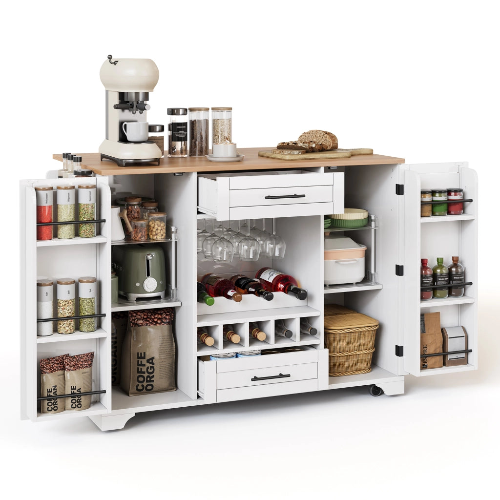 Isola da Cucina Mobile 138x45/70x92 cm Bianca e Legno con Portabottiglie, 2 Cassetti e 5 Ruote