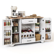 Isola da Cucina Mobile 138x45/70x92 cm Bianca e Legno con Portabottiglie, 2 Cassetti e 5 Ruote