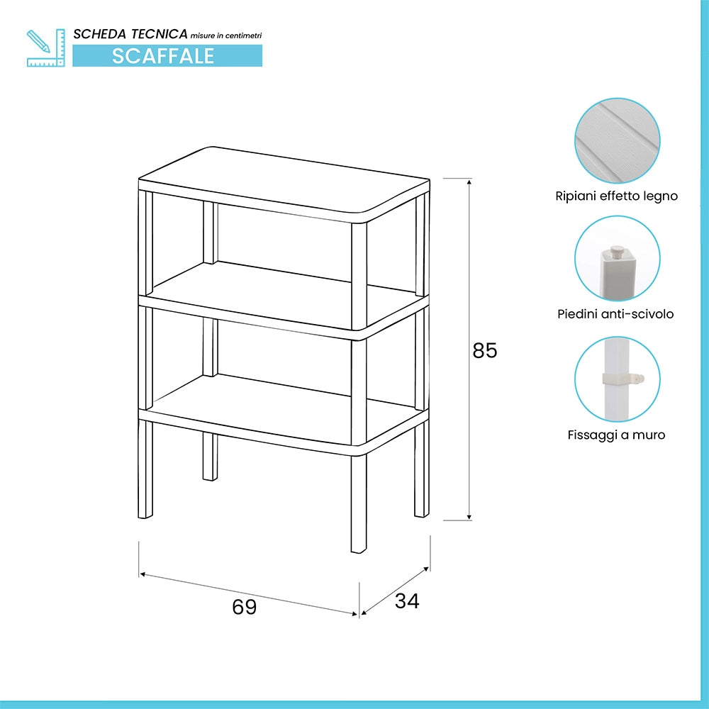 Scaffale bianco con 3 ripiani effetto legno 85cm in kit di montaggio Buzz