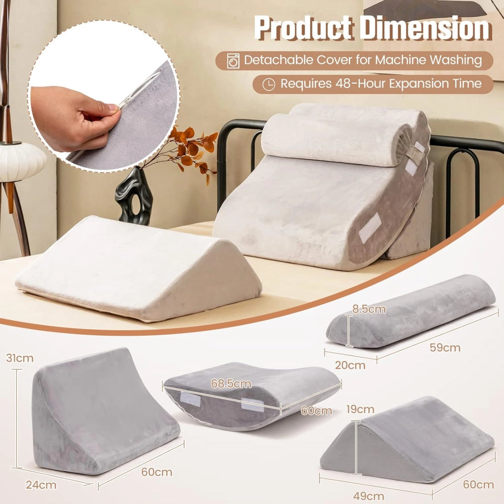 Set di 4 Cuscini a Cuneo per Letto, Cuscini Regolabili in Memory Foam con Fodere Lavabili, Cuscino Multiuso per Dormire da Lettura, Grigio