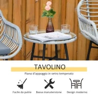 Set Mobili da Giardino in Rattan PE con 2 Sedie e Tavolino con Ripiano in Vetro, Grigio