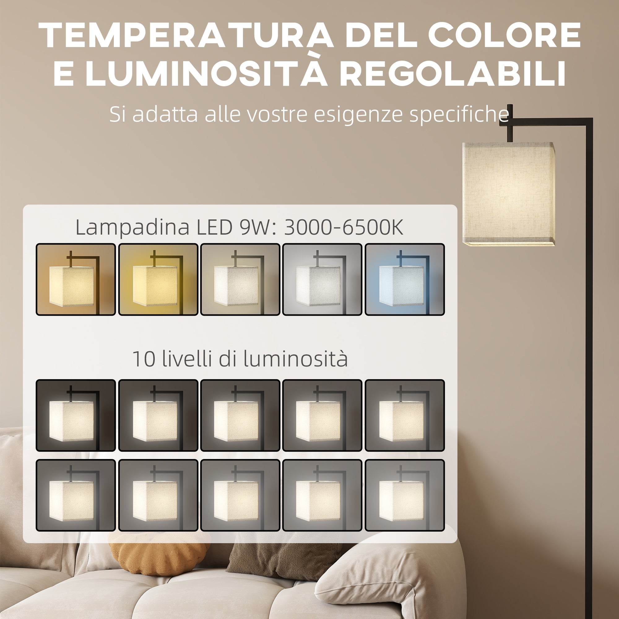 Lampada da Terra a LED con 10 Luminosità 9W e Telecomando 36x30x168 cm Paralume Effetto Lino Nero e Beige