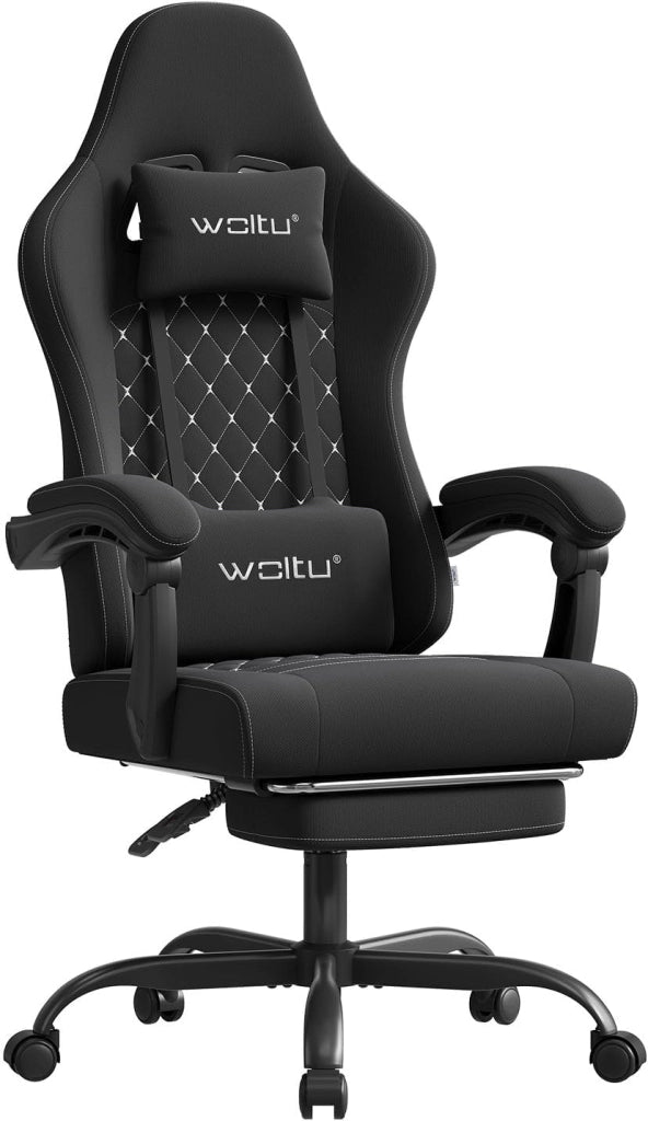 Sedia Gaming con Massaggio, Sedia da Ufficio Ergonomica Girevole Ampia Imbottita per Computer con Cuscino Lombare Massaggiante, Carico 150 Kg, Tessuto a rete, Nero+Bianco