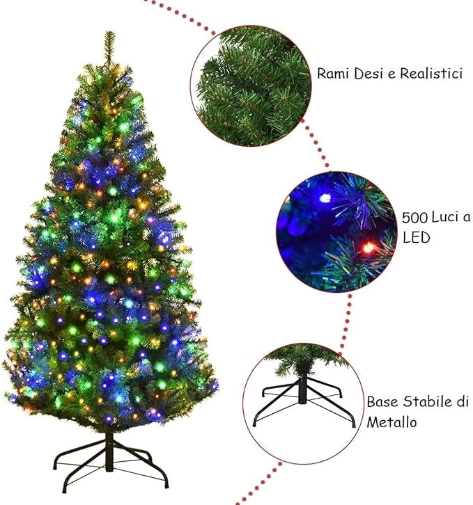 Albero di Natale 120/150/180/210 cm, Albero di Natale con Luci Incorporate 11 Modalità di Illuminazione, 300/600/1000/1570 Rami e Base in Metallo, Perfetta per Casa e Negozio (210cm)