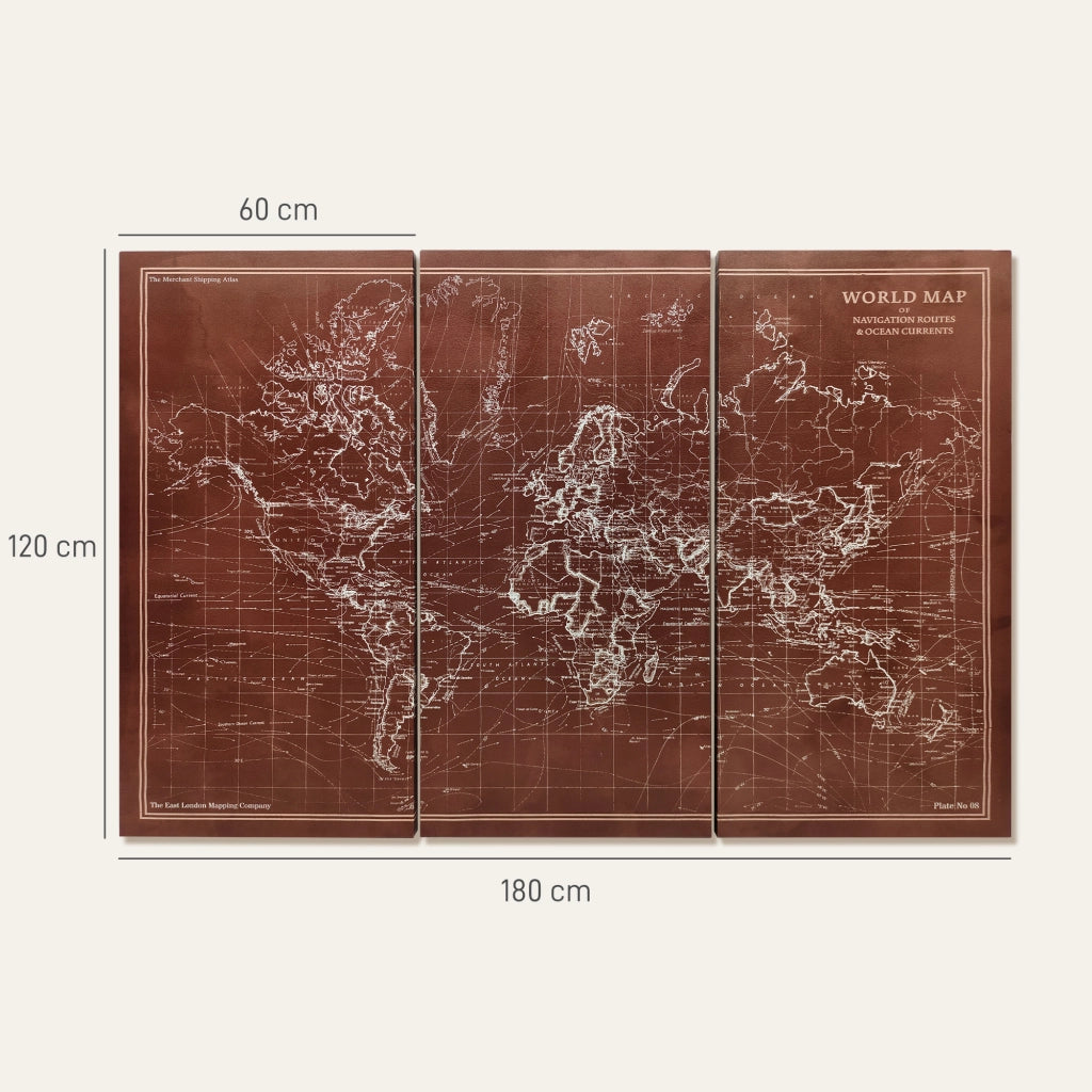 Quadro Triptico Mappamondo Vintage ¨C Zephmum ¨C 120x60 cm Marrone Legno