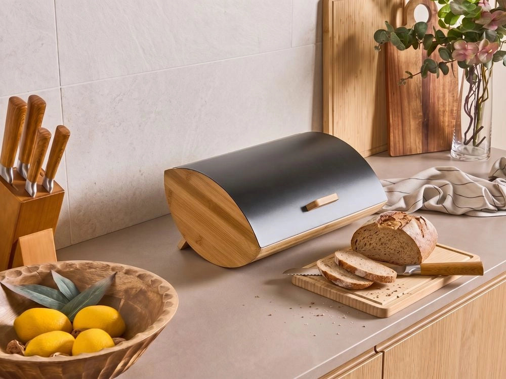Portapane in bambù nero 36 x 25 x 16 cm decorativo con coperchio in metallo Cucina scandinava moderna