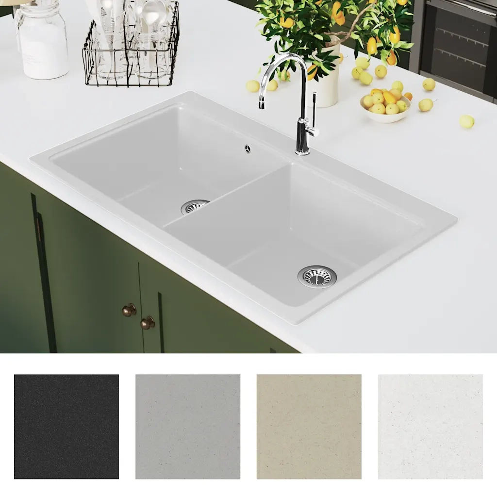 Lavandino Cucina-Lavabo-Lavello granito bianco lavello doppio montaggio sopra
