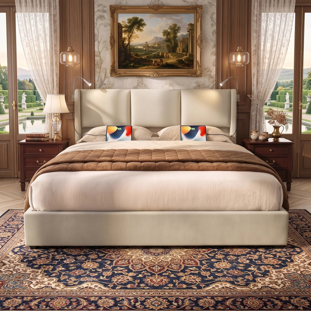 Letto matrimoniale contenitore 160x200 cm con testiera imbottita luci da lettura e rete a doghe struttura letto con ricarica USB in lino-beige