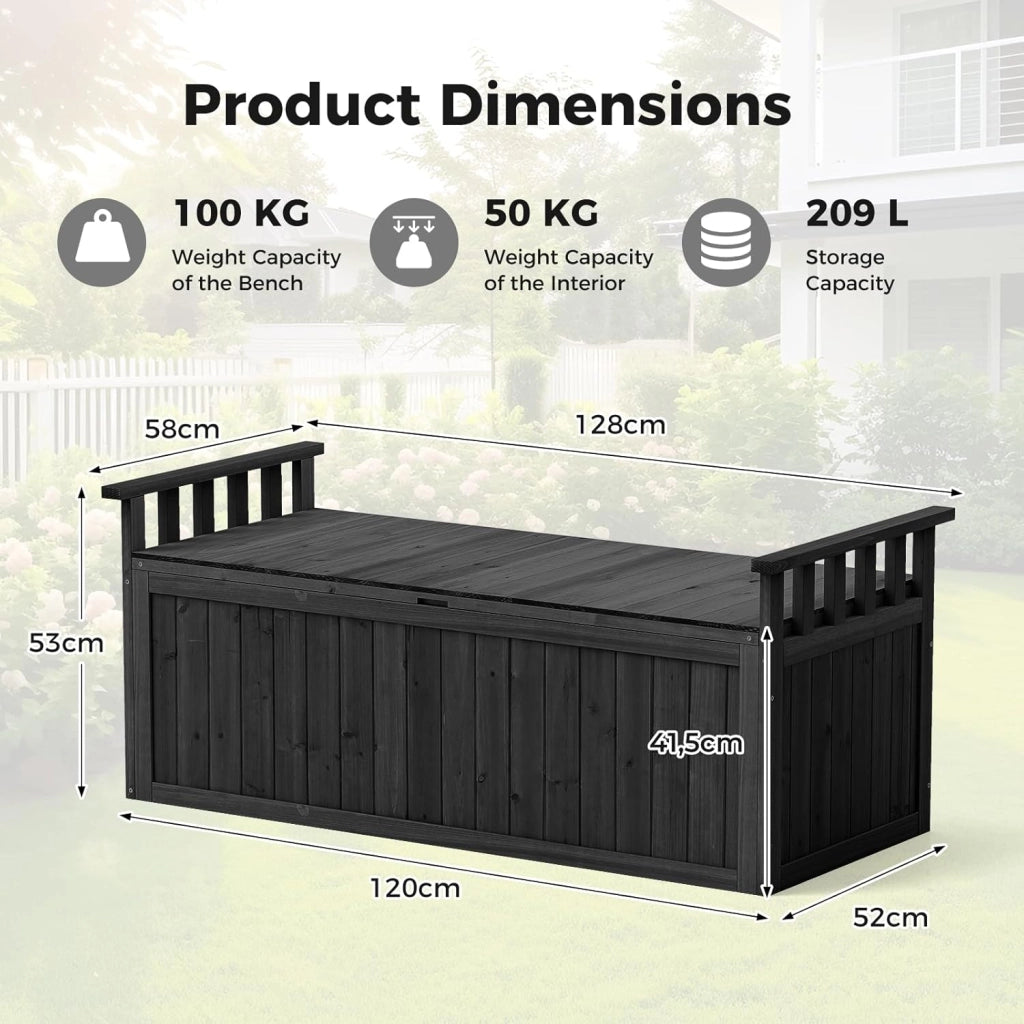 Panchina da giardino a 2 posti, in legno con spazio di archiviazione 207 l, resistente alle intemperie, con braccioli, 128 cm, per giardino, cortile e balcone (Nero)