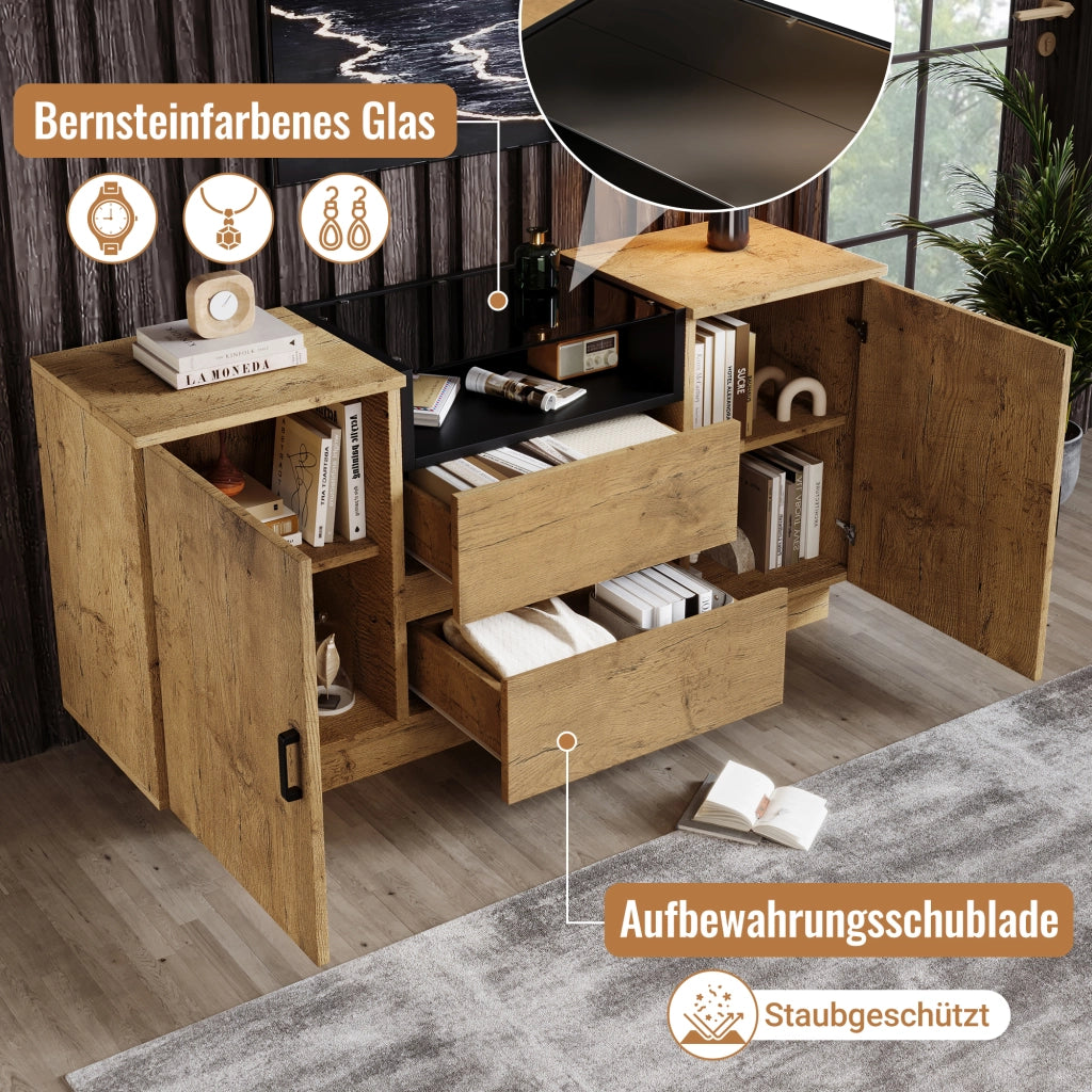 CREDENZA in effetto rovere 140x40x70 cm con 2 cassetti, 2 armadi e vano aperto