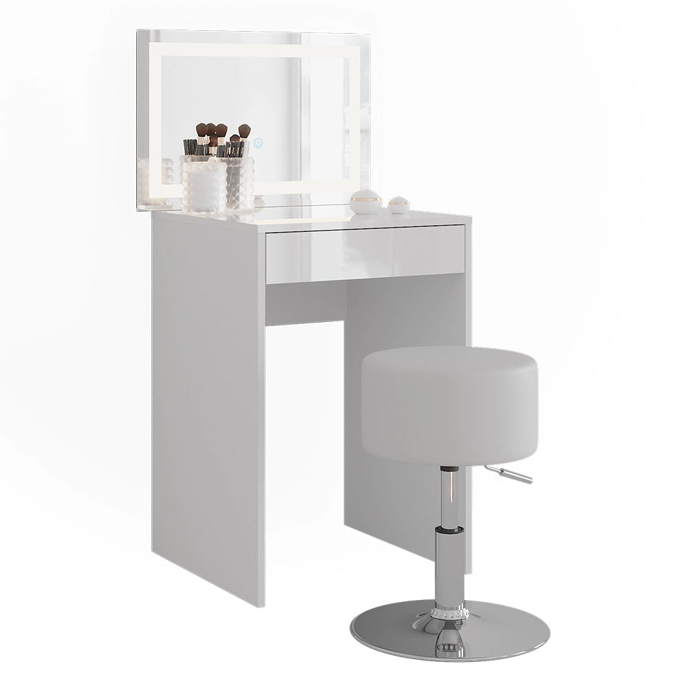 Vicco Tavolo da toeletta Bianco/bianco lucido 51.4 cm con specchio LED e sgabello