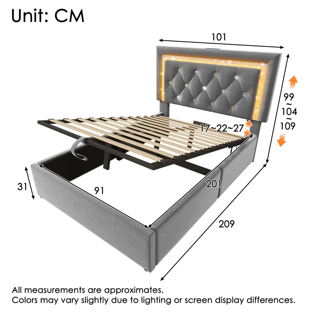 Letto imbottito in velluto 90x200 cm con LED, USB e contenitore