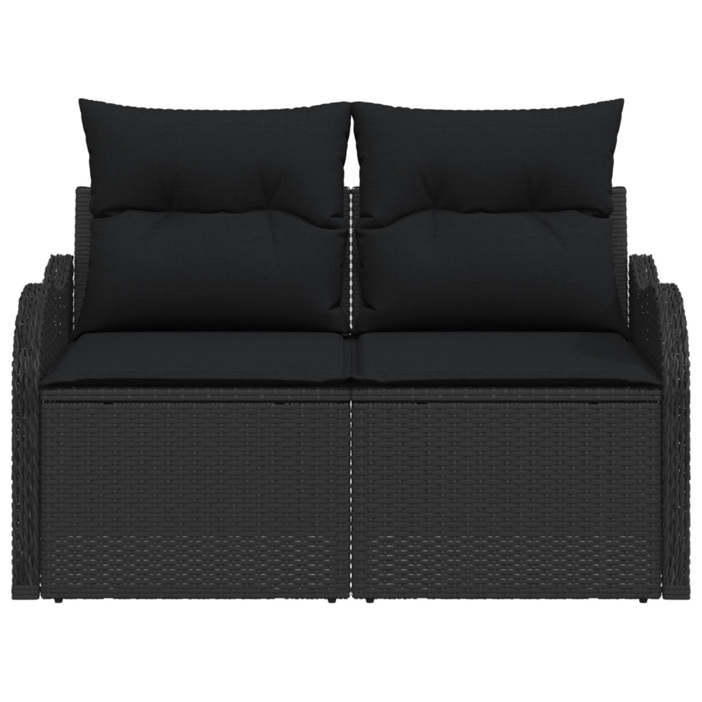 Divano da giardino a 2 posti con cuscini in poly rattan nero