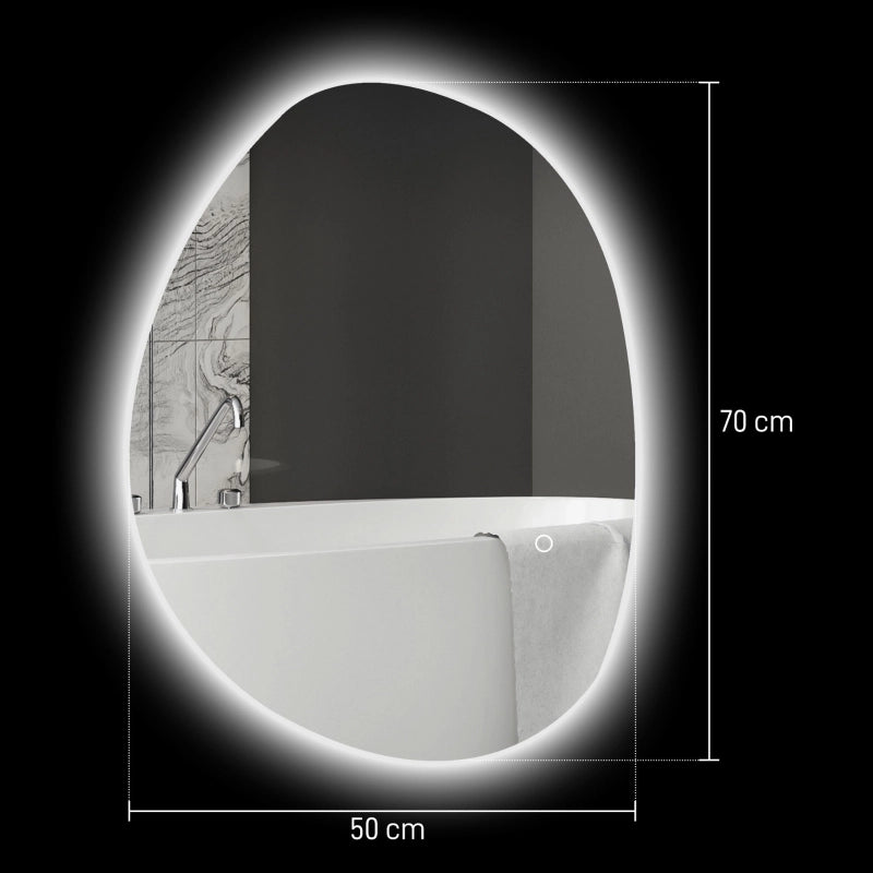 Specchio da bagno asimmetrico 70 x 50 cm con luce LED, funzione antiappannamento e touch, argento