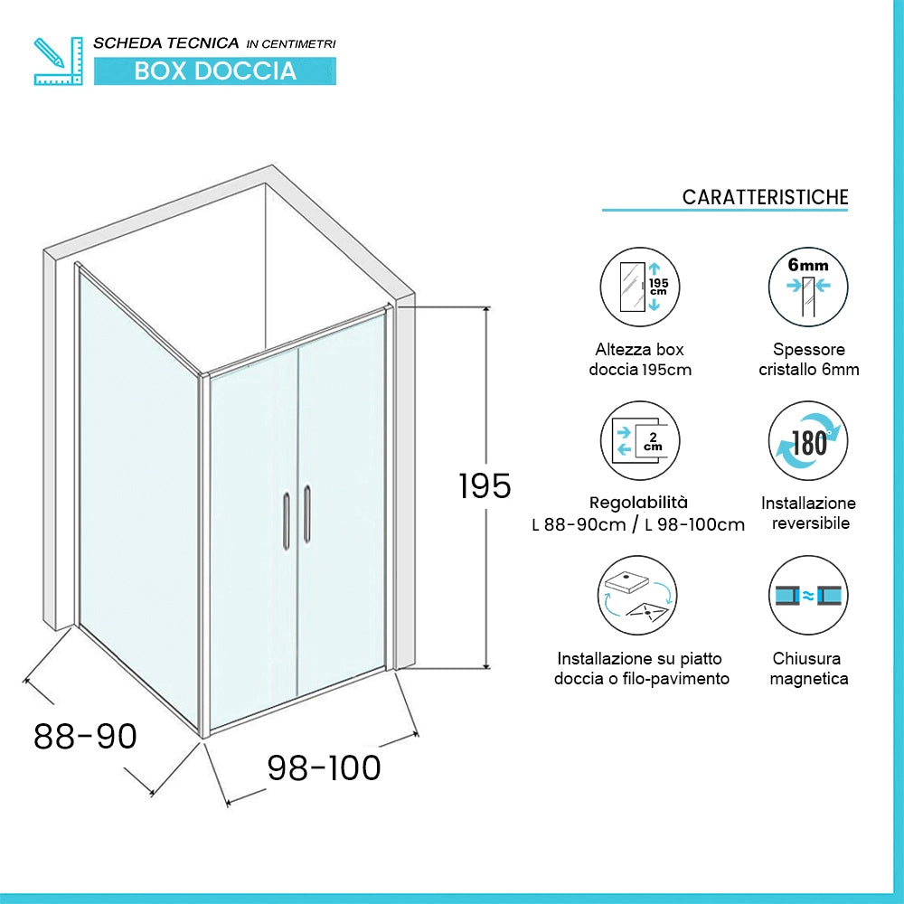 Box doccia angolare 90x100 con apertura saloon in vetro temperato trasparente con profili cromati Neos
