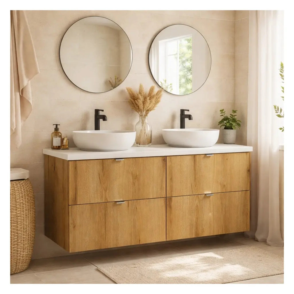 Set da bagno sospeso VANO in rovere e bianco 120cm: mobile sottolavabo con cassetti + piano per lavabo