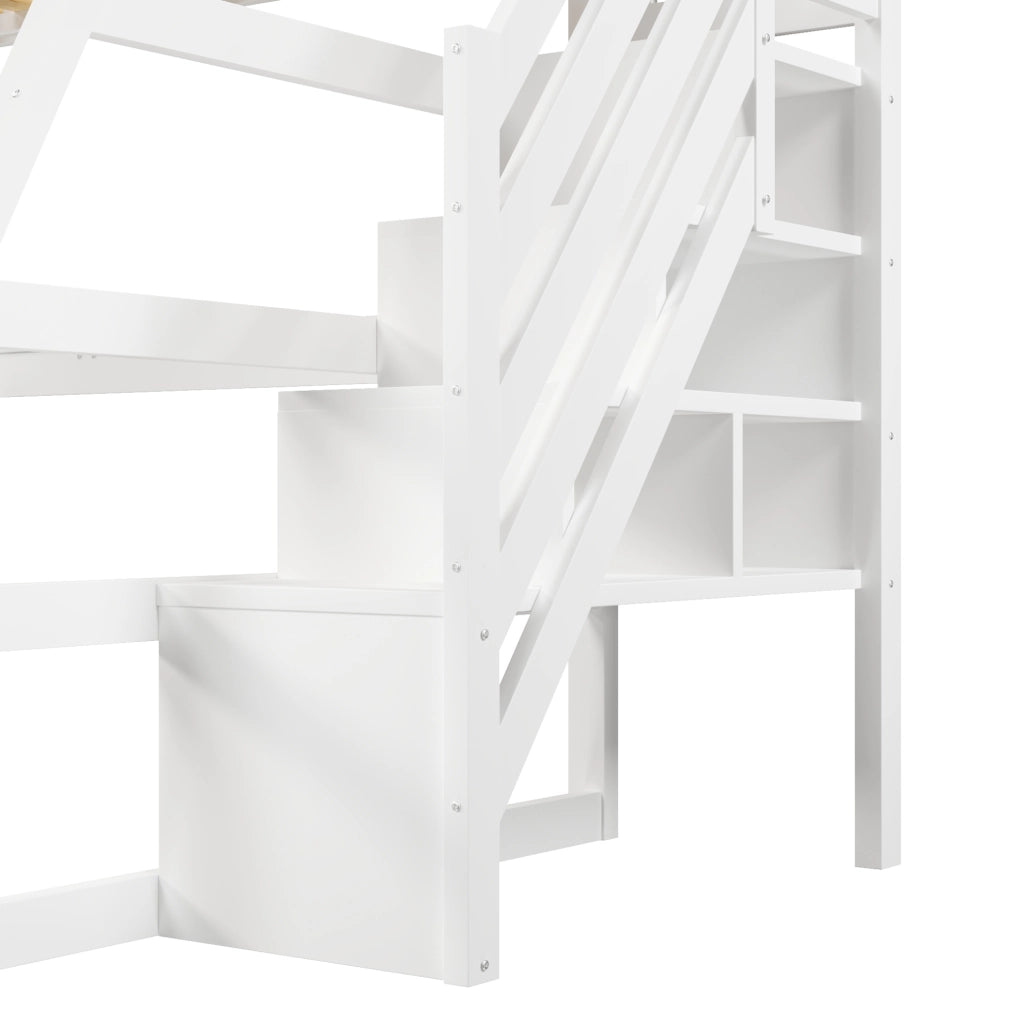 Letto a soppalco 90x200 cm con scrivania a L; scala con 3 vani e LED; bianco