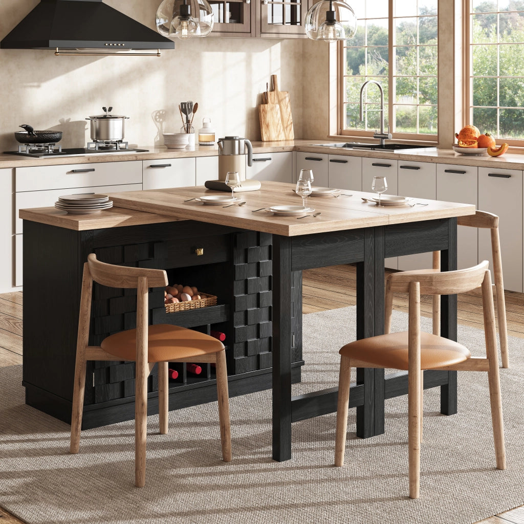 Mobile contenitore girevole 360° con tavolo estensibile, porta vini e cassetti in MDF nero 120 × 197 × 40 × 74,2 cm