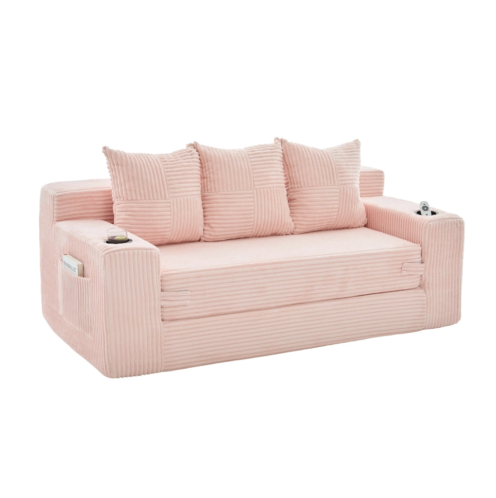 Divano modulare 2 posti in velluto a coste rosa; con portabicchieri e tasche laterali; 172 x 87 x 64 cm