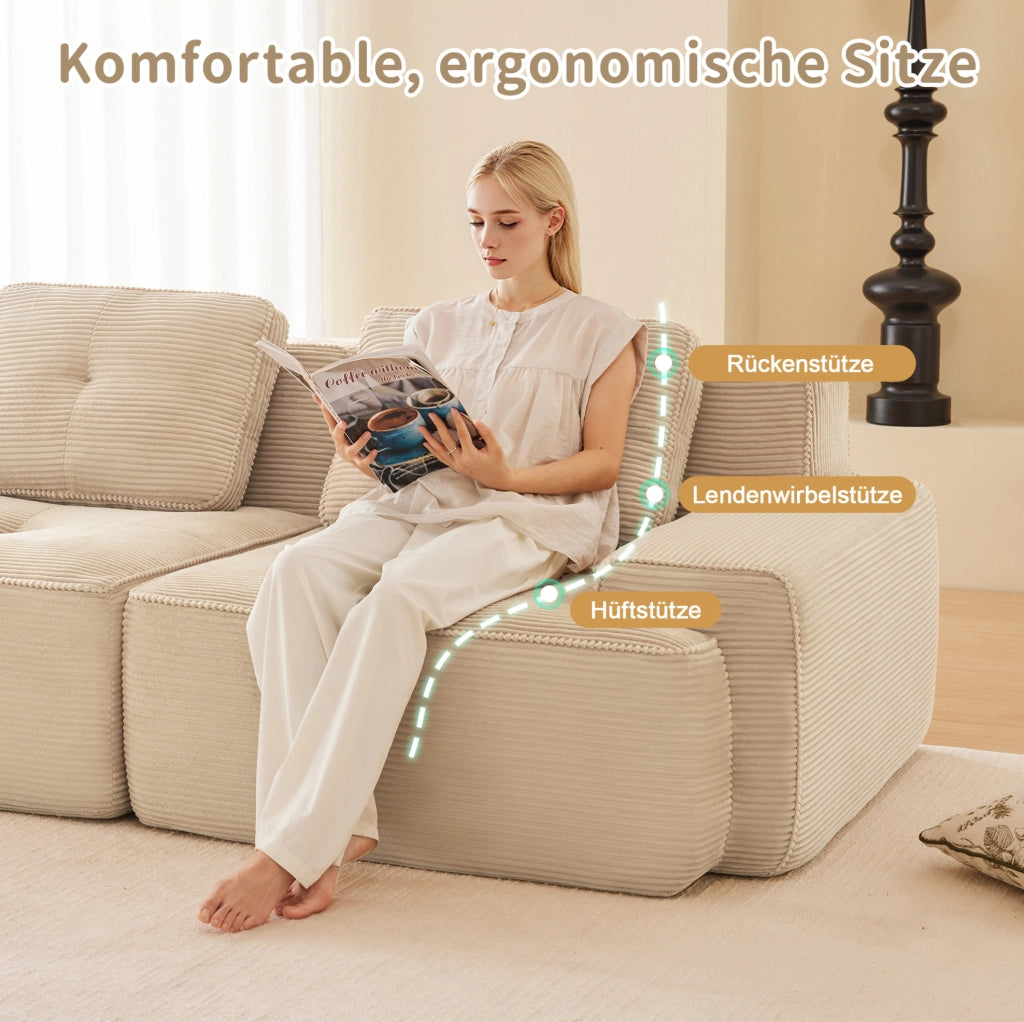 Divano modulare 4 posti in velluto di cotone beige, senza gambe, con seduta profonda e base antiscivolo