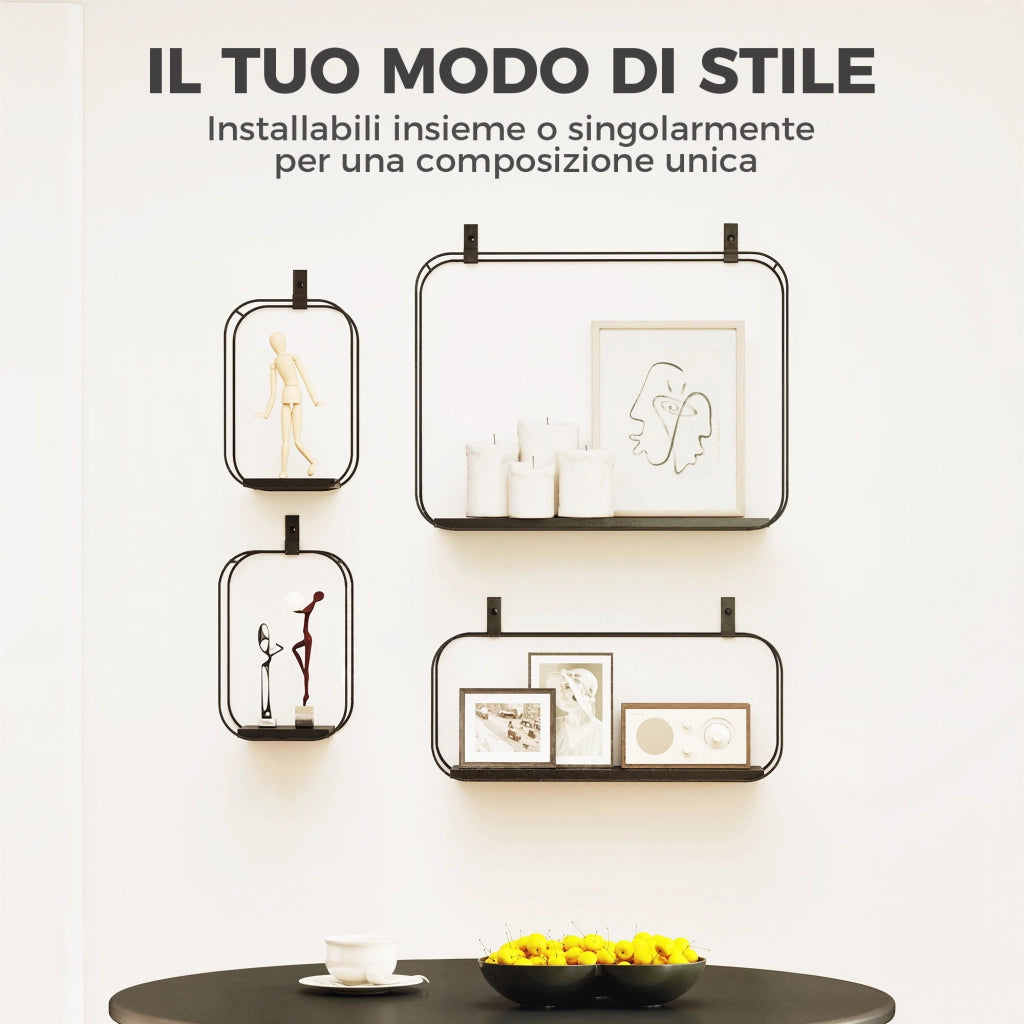 Set 4 Pezzi Mensole Flottanti Geometriche per Soggiorno in Metallo e MDF Nero