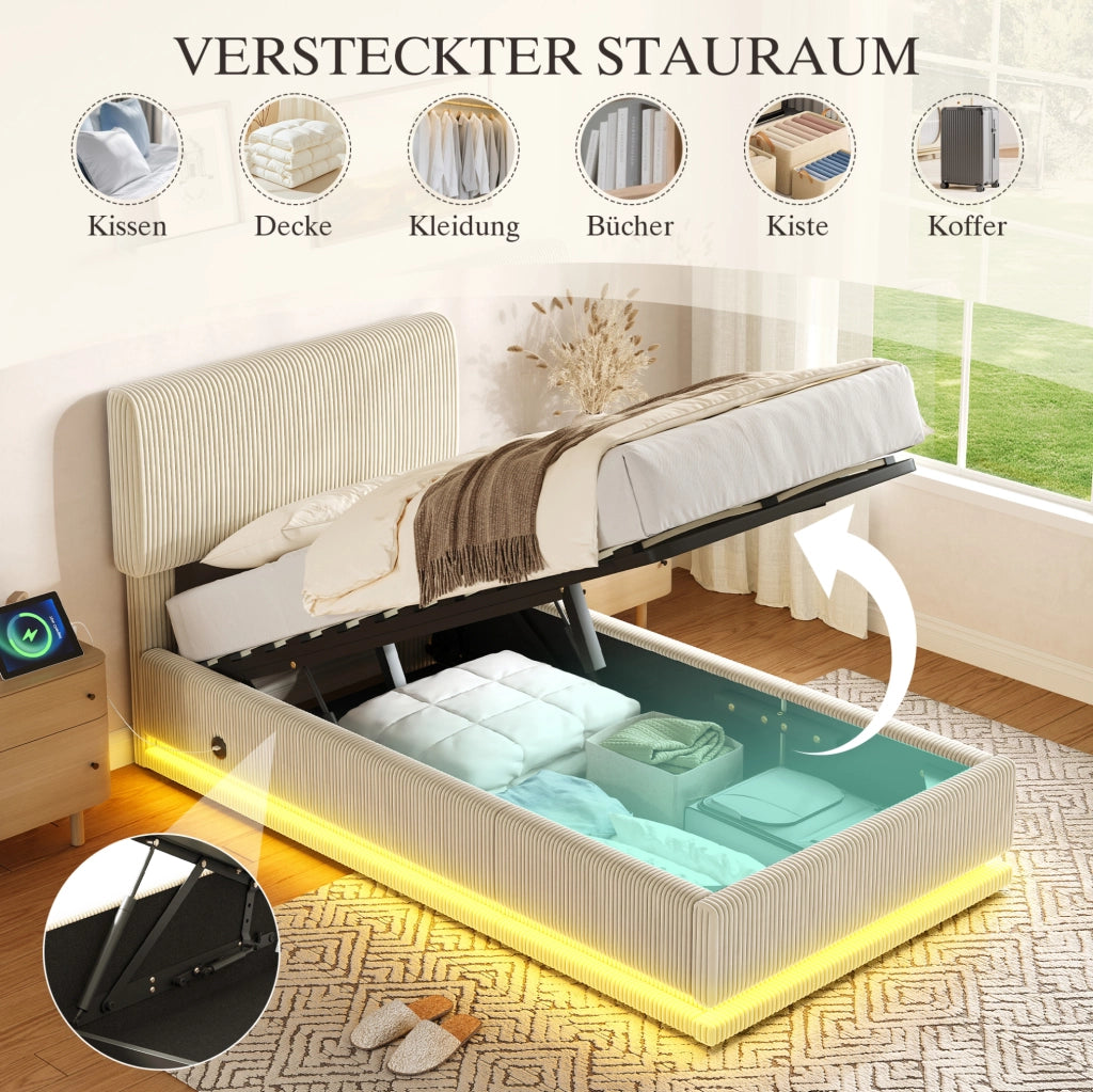 Letto imbottito 90x200 cm con LED e USB-C; testiera regolabile; velluto a coste beige