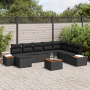 Set Divano da Giardino da 9 Pezzi con Cuscini Nero Polyrattan Acacia