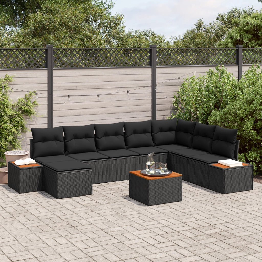 Set Divano da Giardino da 9 Pezzi con Cuscini Nero Polyrattan Acacia