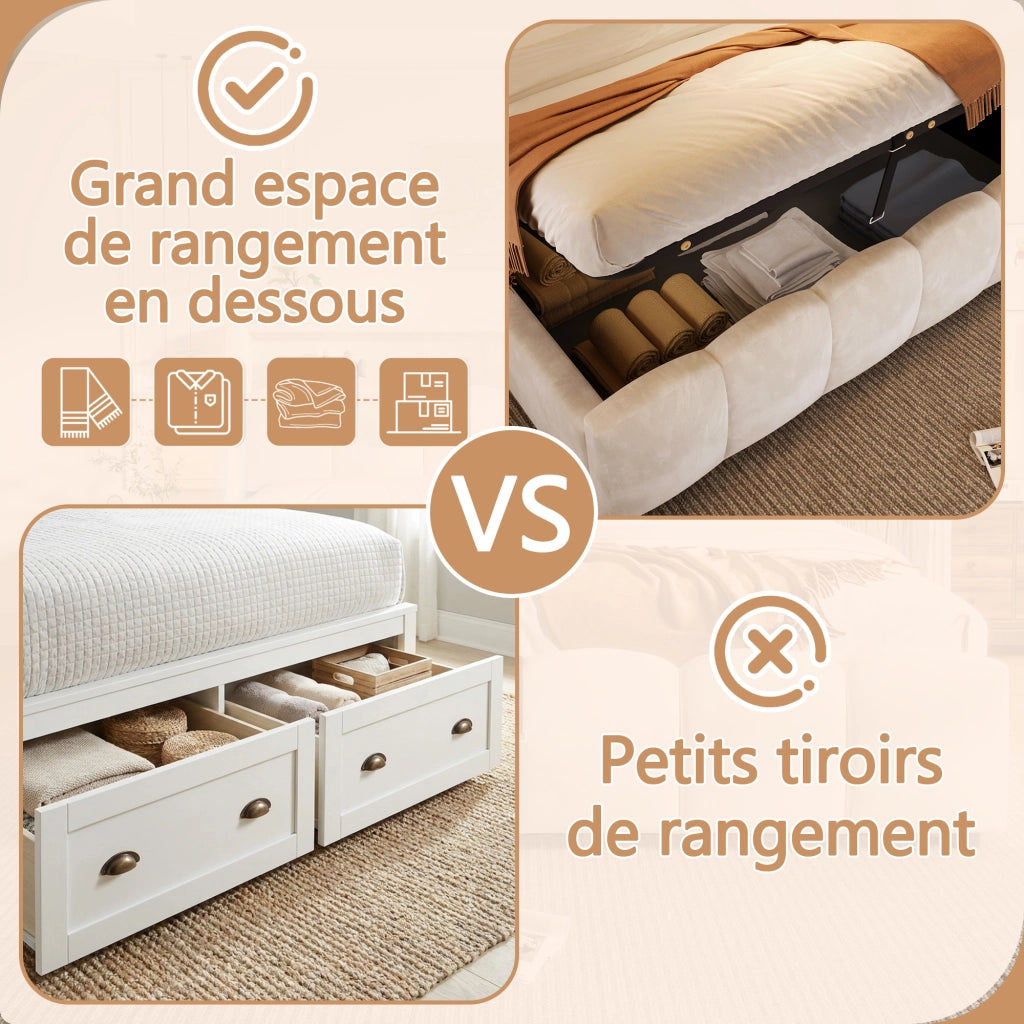 Letto contenitore imbottito con vano idraulico e LED RGB LEMONMAX; 180x200 cm; testiera con vano; USB-C; velluto; beige