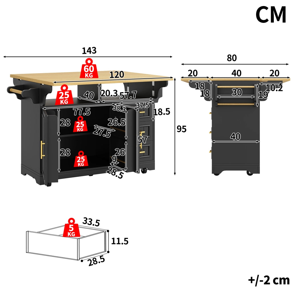 Isola da cucina 120x40(80)x95 cm con piani ribaltabili e ruote in MDF nera