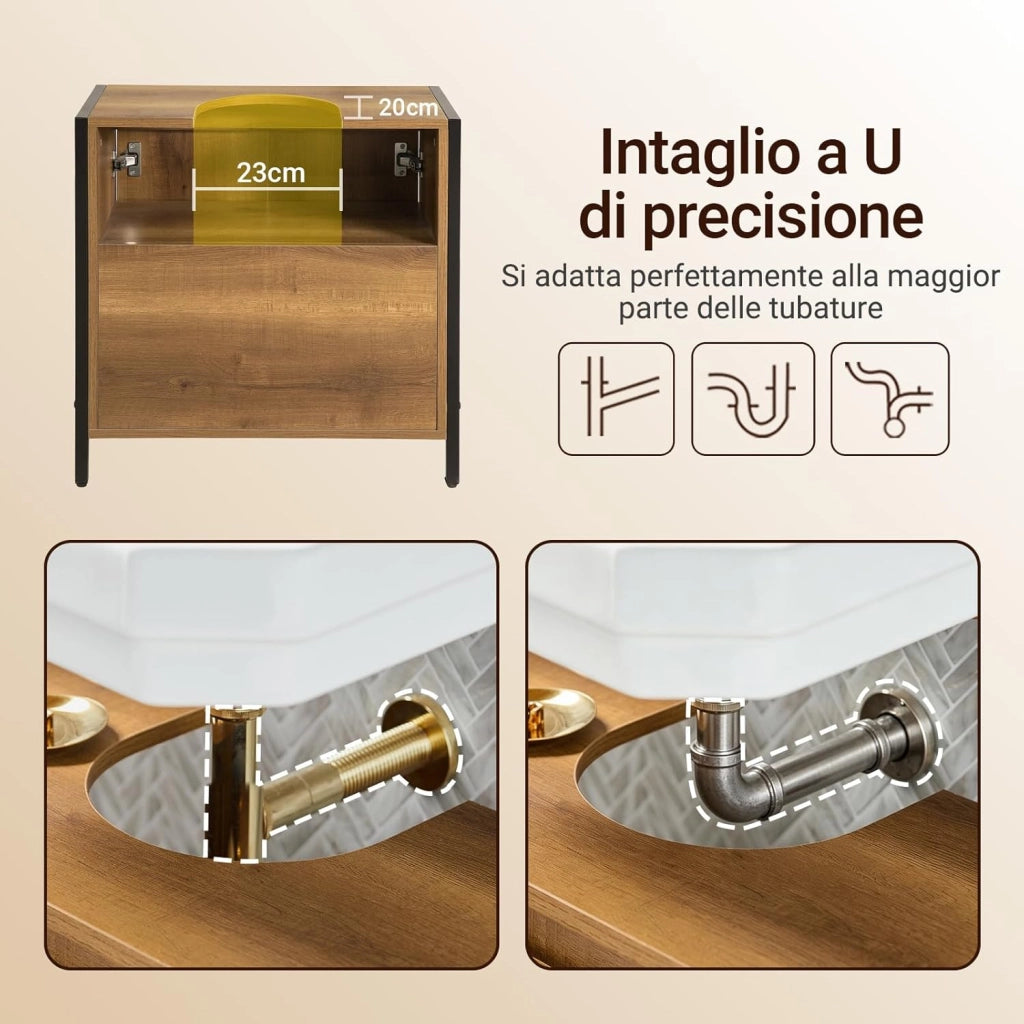 Mobiletto Bagno Salvaspazio - Mobile Sottolavabo per Bagno con 2 Ante e Ripiano, Mobile Sotto Lavabo da Terra con Piedini Regolabili 60x60x30 cm BZR63-PF