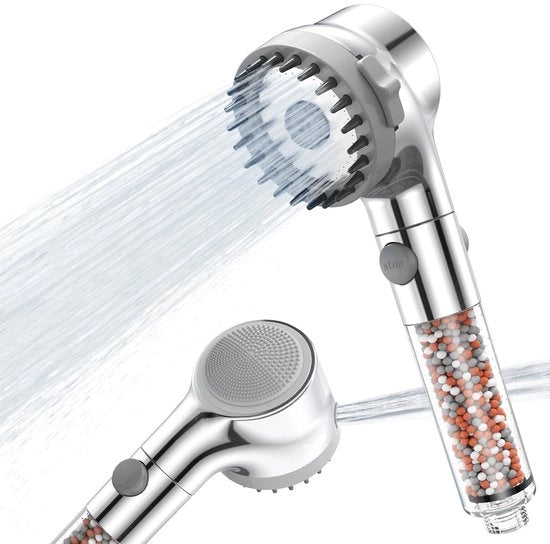 Douchekop con filtro [alta pressione & risparmio d'acqua] - 3 tipi di getto - con spazzola di silicone per massaggi e funzione di arresto