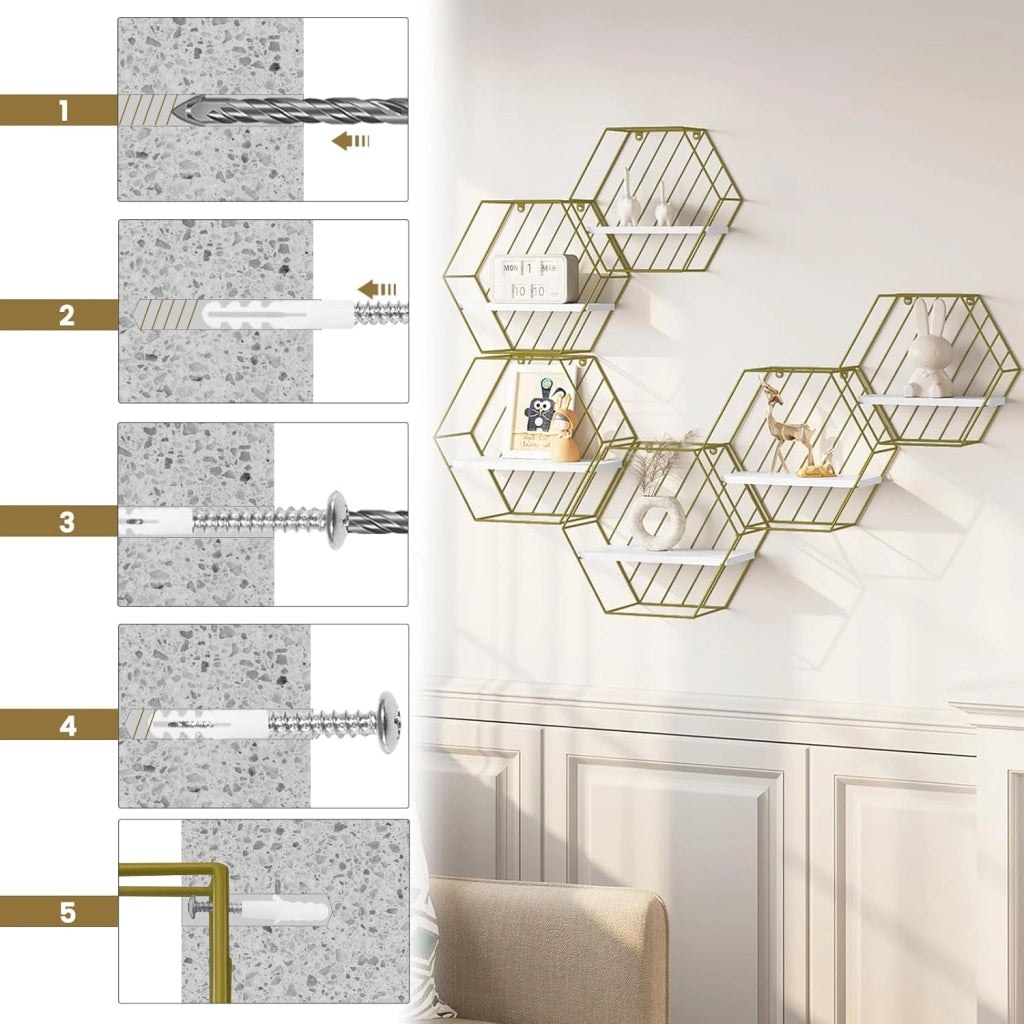 Set di 6 Mensole da Muro, Mensole Sospese per Cameretta, Cucina, Bagno, Decorazione da Parete per Soggiorno, Pannello Bianco+Telaio Dorato, MDF+Metallo