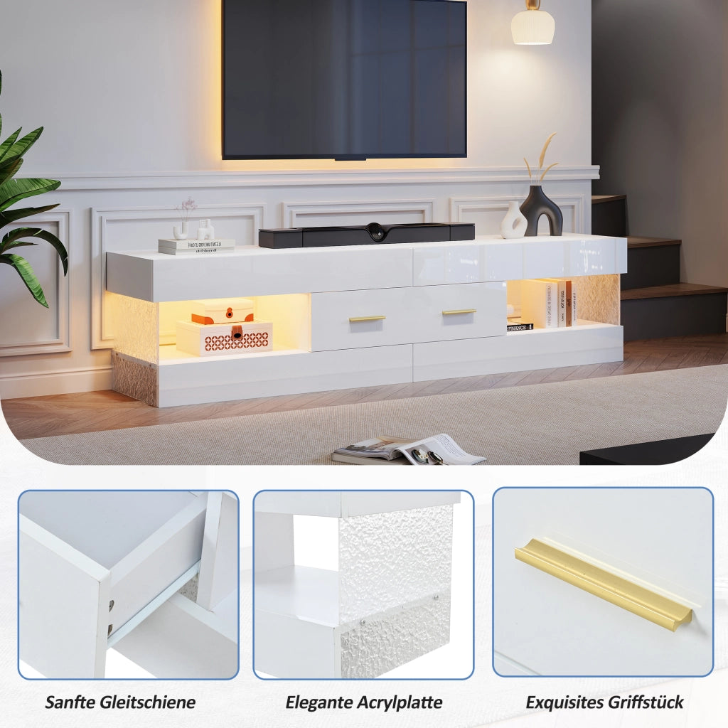 Mobile porta TV con LED, 2 cassetti e 4 vani aperti, in truciolare bianco lucido, per soggiorno, 152 × 35 × 40 cm