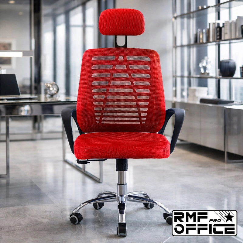 RMF Sedia Ufficio Ergonomica Professionale Reclinabile, Sedia Scrivania in Rete con Seduta Comoda e Rilassante - Poltrona Relax Ufficio con Ruote Girevoli Altezza Regolabile ROSSA