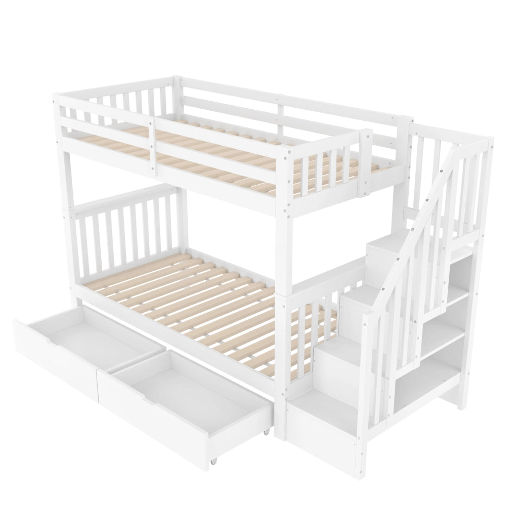 Letto a castello 90x200 cm con scala contenitore e due cassetti in legno di pino e MDF bianco
