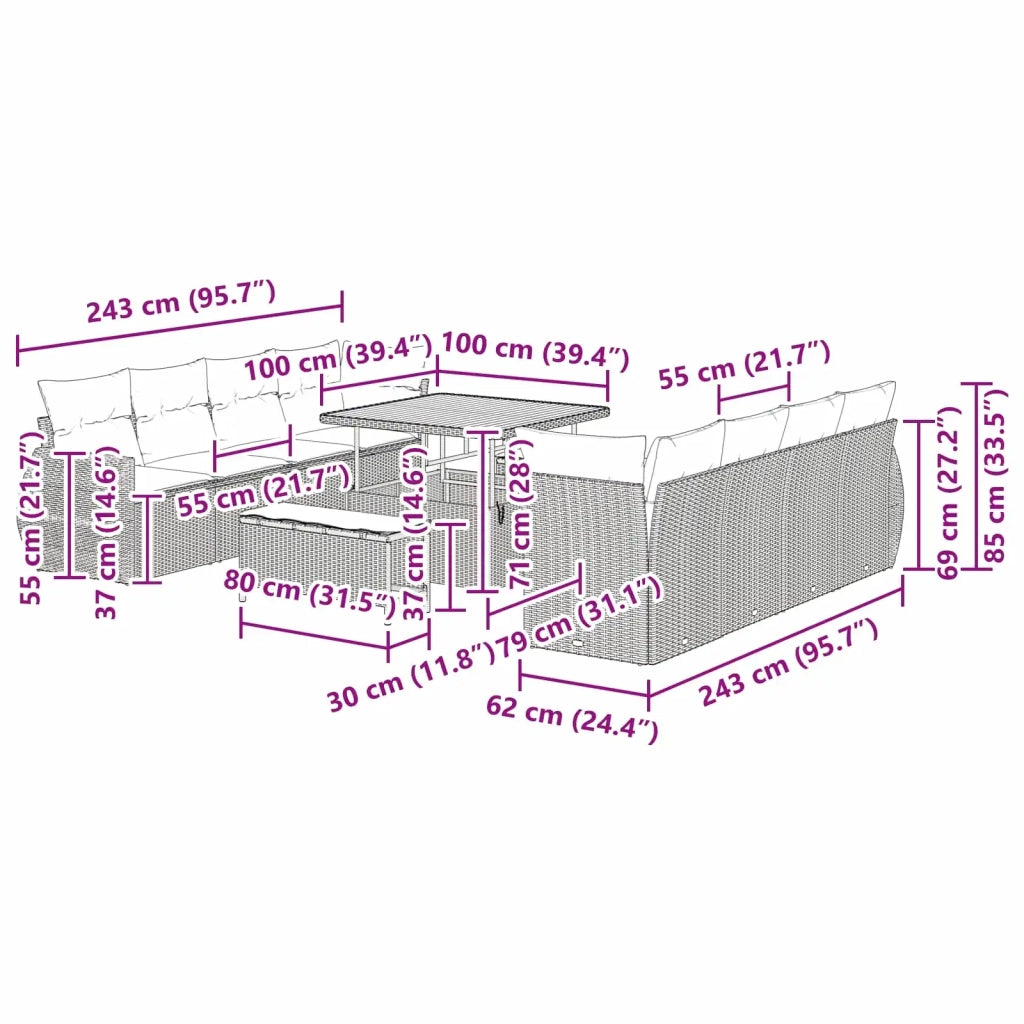 Set Divano da Giardino 11 pcs Nero Poly Rattan 3363804