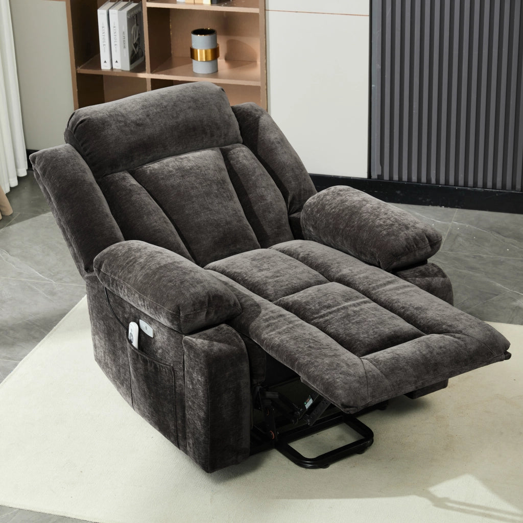 Poltrona relax elettrica reclinabile con massaggio, riscaldamento, USB e tasche laterali, in tessuto, marrone