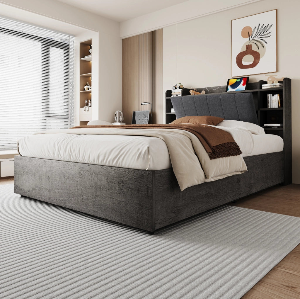 Letto multifunzione 180x200 cm con contenitore idraulico; testiera con vani e presa USB Type-C; grigio