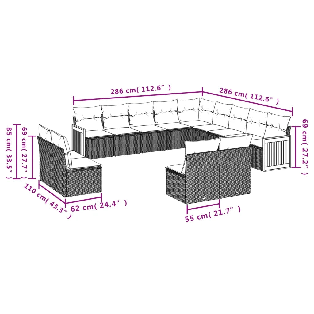 Set Divani da Giardino 13pz con Cuscini Nero in Polyrattan 3228163