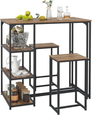 Set 3 Pezzi Tavoli da Bar per 2 Persone, Tavolo da Pranzo con 2 Sgabelli, 3 Ripiani Portaoggetti, Banco Pub e Sedie per Appartamento Piccolo, Cucina e Soggiorno,110 x 60 x 110 cm