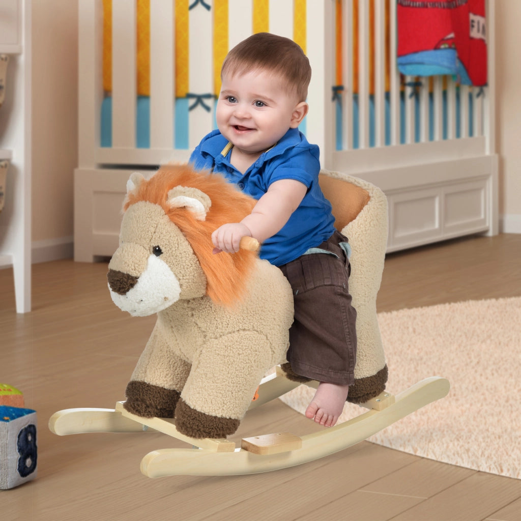 EasyComfort Dondolo Giocattolo a Forma di Leone per Bambini 18-36 Mesi, Ruggisce (3 Batterie Incluse), in Legno e Peluche