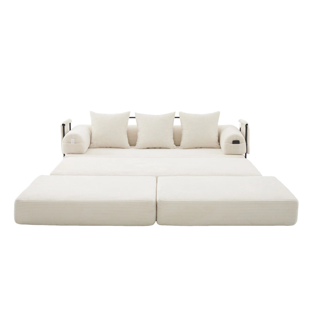 Divano modulare in tessuto corduroy beige con pouf, struttura in metallo, tasca laterale e 3 cuscini