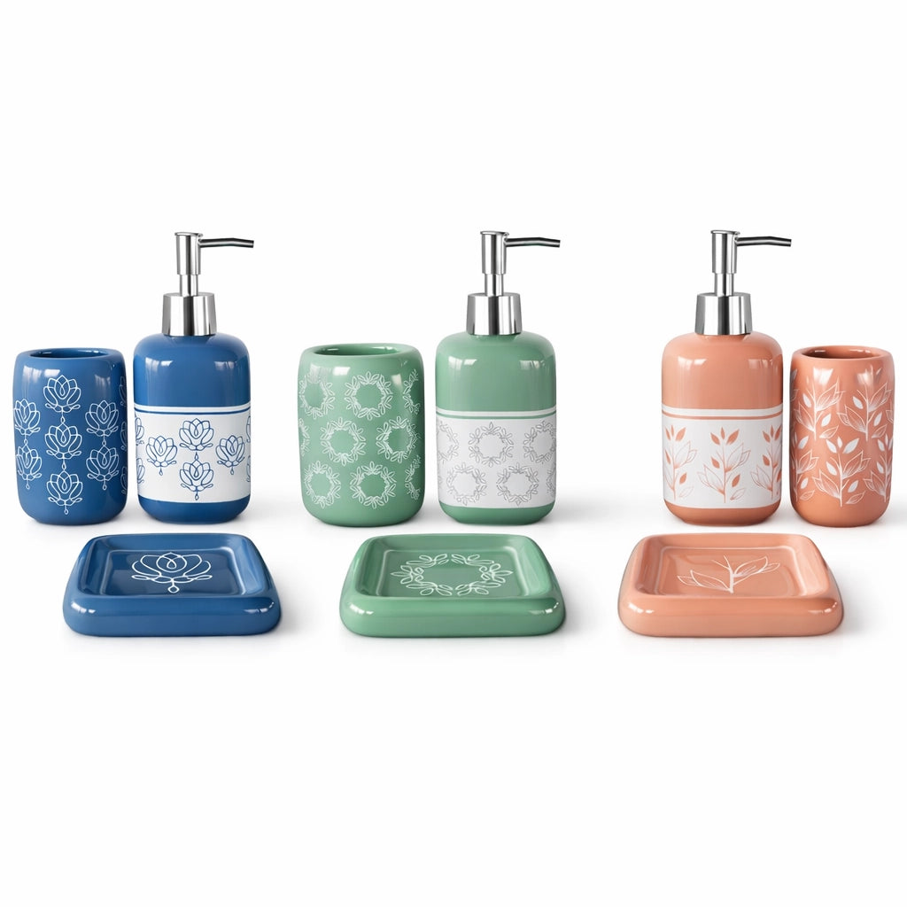 Set Accessori Bagno Ceramica 3 Pezzi Dispenser Sapone Portaspazzolini Verde