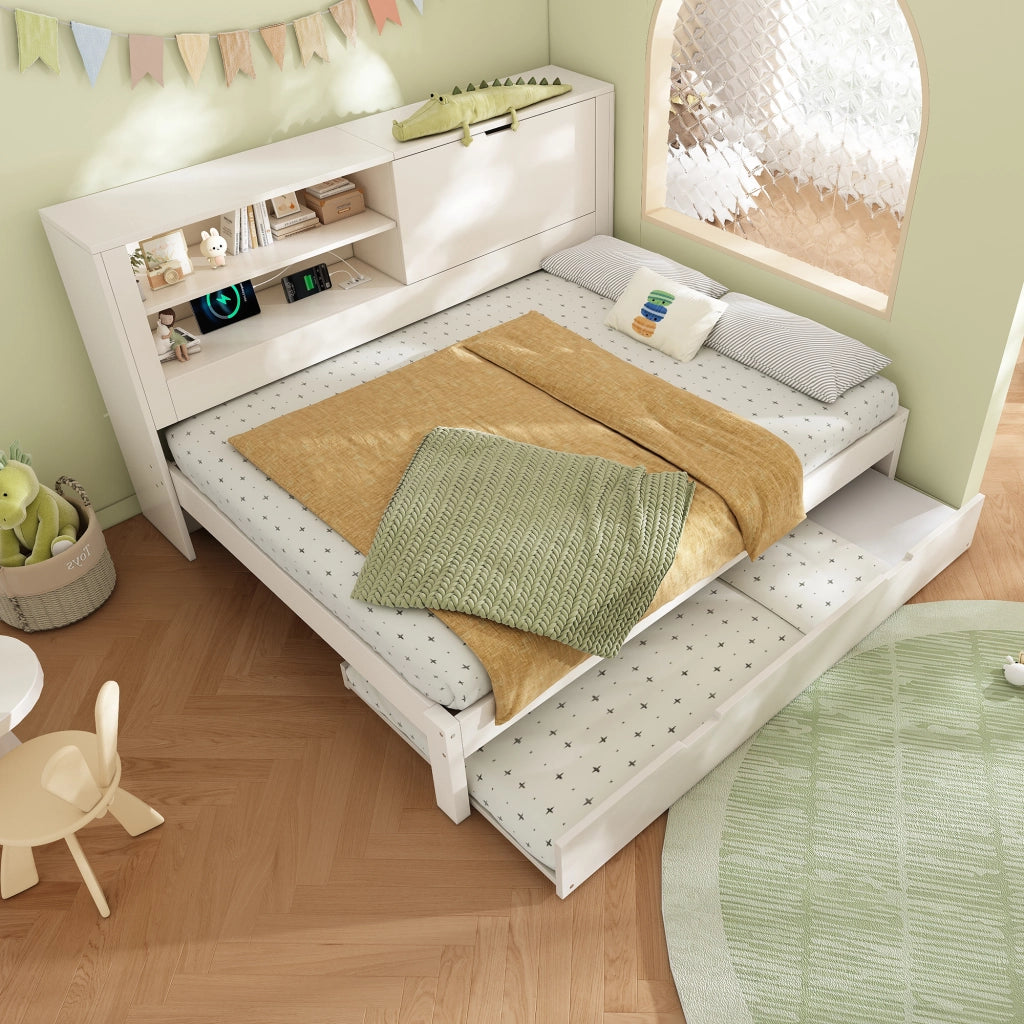 DESMIU Divano letto 140 × 190 cm 2 posti con letto estraibile, contenitore, USB e Type-C, senza materasso, bianco