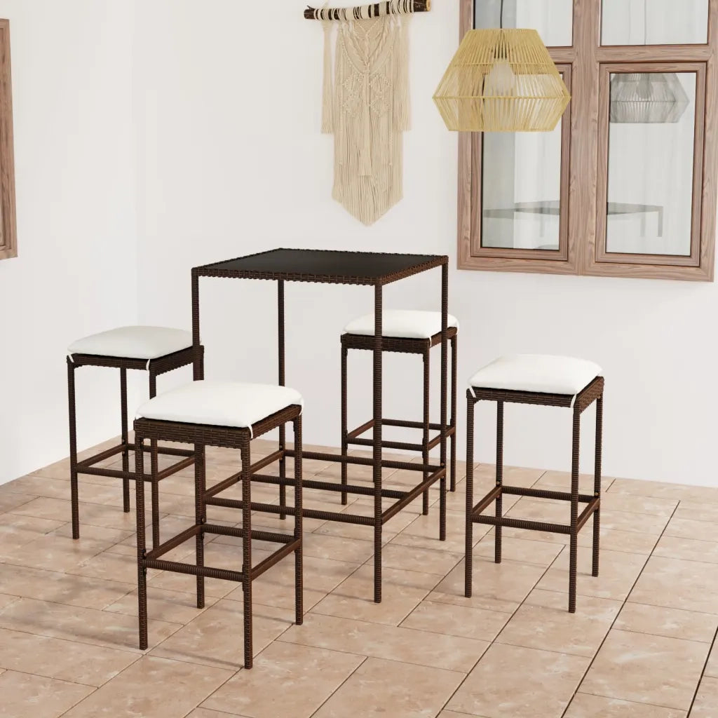 Set da Bar da Giardino 5 pz | Set Salotto da Giardino con Cuscini in Polyrattan Marrone
